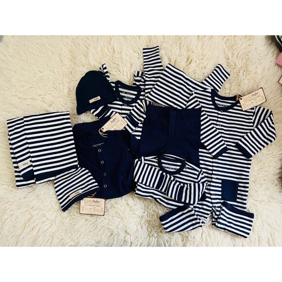 L’ovedbaby Organic Cotton Navy & Stripe Baby Outfit Lot 9pc NB–12M NWT Sleeper - Picture 1 of 8